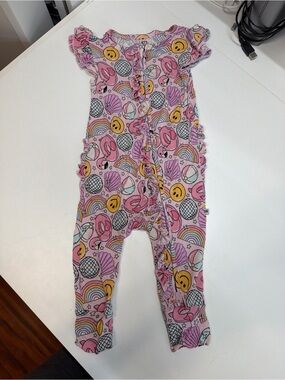 Pink Rainbow & Shell Print Girls' One-Piece Romper with Ruffle Trim